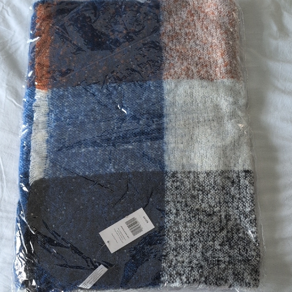 Cozy Colorblock Knit Blanket Scarf - Blue, Gray & Cream, Still In Package